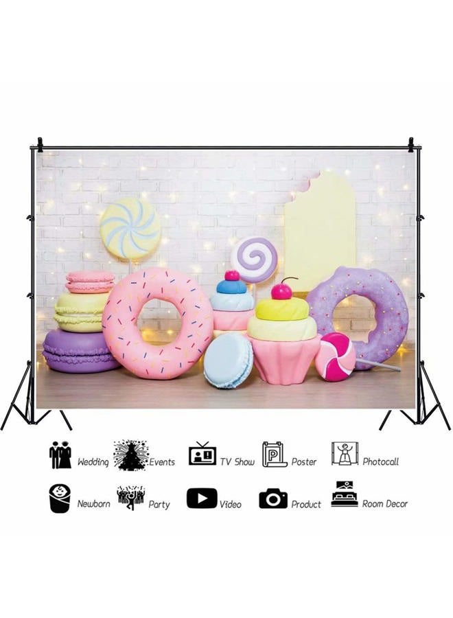 DASHAN 5x3ft Polyester Donut Cake Smash Backdrop Donut Candy White Brick Wall Photography Background for Baby Shower Party Girl Birthday Protrait Banner Baby Girl 1st Birthday YouTube Photo Prop - Image 3