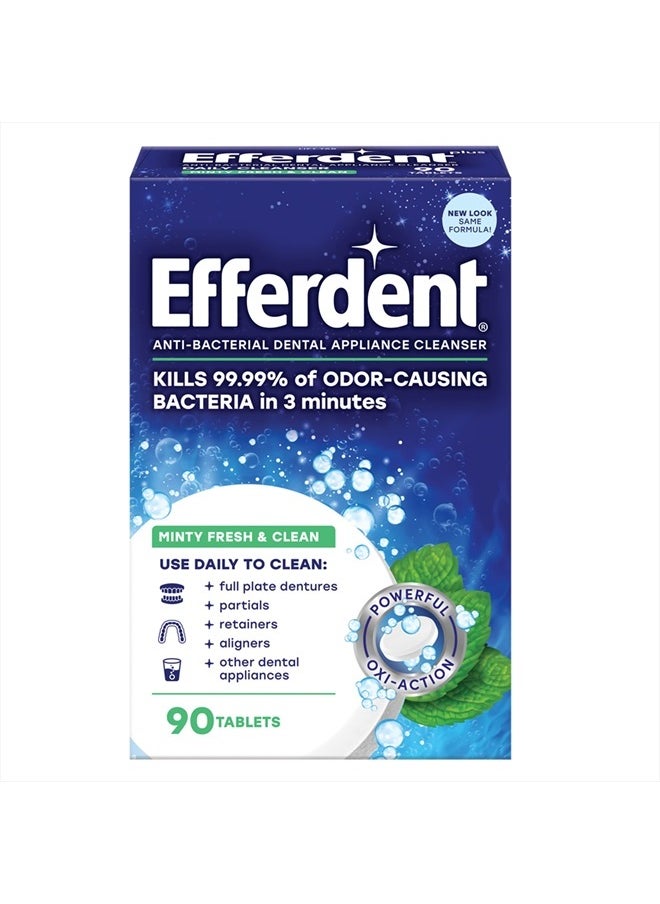 Efferdent - أقراص تنظيف مثبتات الأسنان من إيفردنت، أقراص تنظيف أطقم الأسنان للأجهزة السنية، منعشة ونظيفة، بنكهة النعناع المنعشة، 90 قرصًا - Image 1