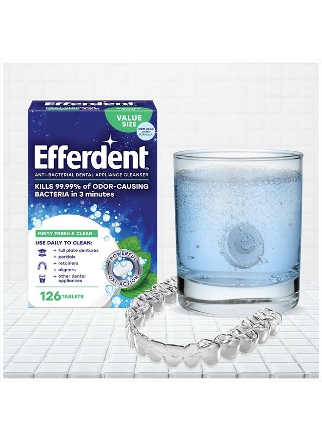 Efferdent - أقراص تنظيف مثبتات الأسنان من إيفردنت، أقراص تنظيف أطقم الأسنان للأجهزة السنية، منعشة ونظيفة، بنكهة النعناع المنعشة، 90 قرصًا - Image 1