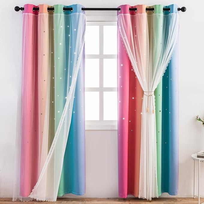STAR KIDS CURTAINS FOR BEDROOM PLAYROOM NURSERY RAINBOW OMBRE BLACKOUT CURTAINS WITH HOLLOWOUT STARS AND STAINLESS STEEL GROMMENT TOP 52 X 84 2 PANELS