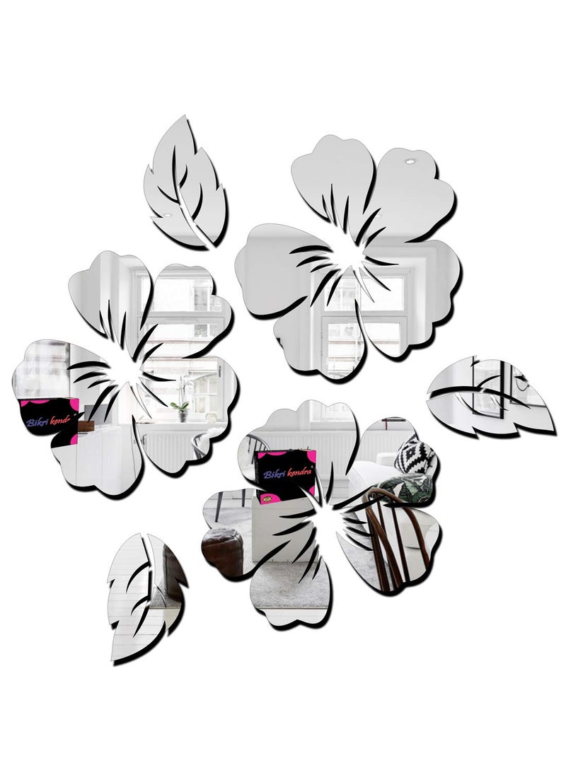 Bikri Kendra Bikri Kendra Ind Flower and Leaf Silver Mirror Stickers for Wall Acrylic Mirror Wall Decor Sticker Wall Mirror Stickers Acrylic Stickers Wall Stickers for Hall Room Bed Room  - Image 1