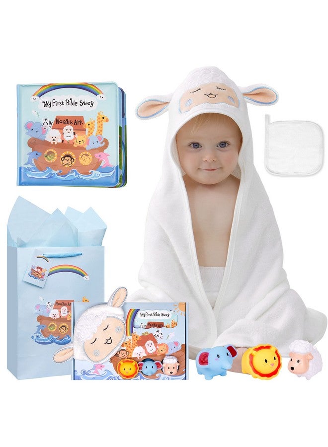 MyMateZoe My First Noahs Ark 7 pcs Baptism Gift Set, Dedication, Christening and Baptism Gifts for Boys and Newborn Baby, Includes Washcloth and Hooded Towel, Baby Bath Book, 3 Bath Toys and Gift Bag - Image 1
