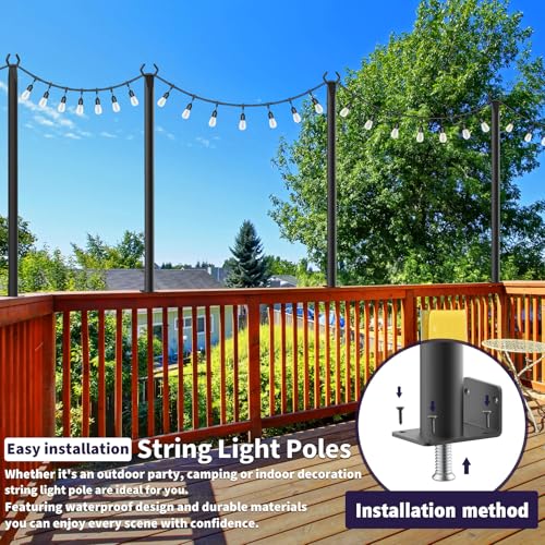 AHRLHR 8 Pack String Light Poles for Deck5 Ft String Light Poles for Outside with Fixing ClipsMetal Poles for Outdoor String Lights Hanging Light Poles for Fence Garden Backyard Wall Bistro 8 Pack 5FT - Image 3