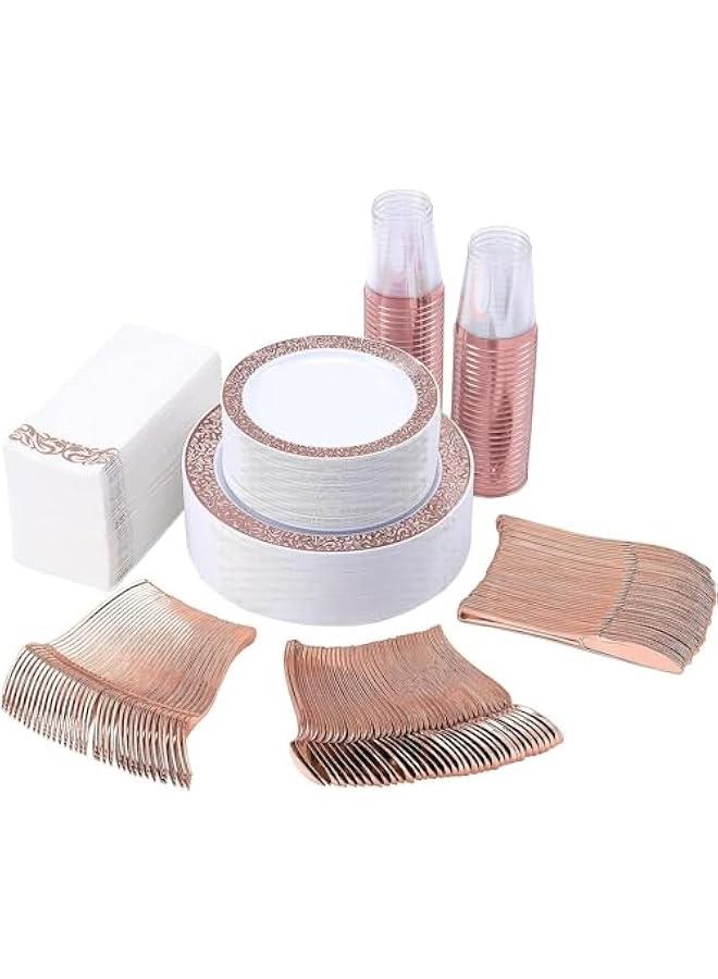MIXDE 175-Piece Party Supplies Party Tableware Party Disposable Plastic Cutlery Set, Party Supplies Plate, Spoon,Cup,Cutlery-25 Guests (Rose Gold) - Image 1