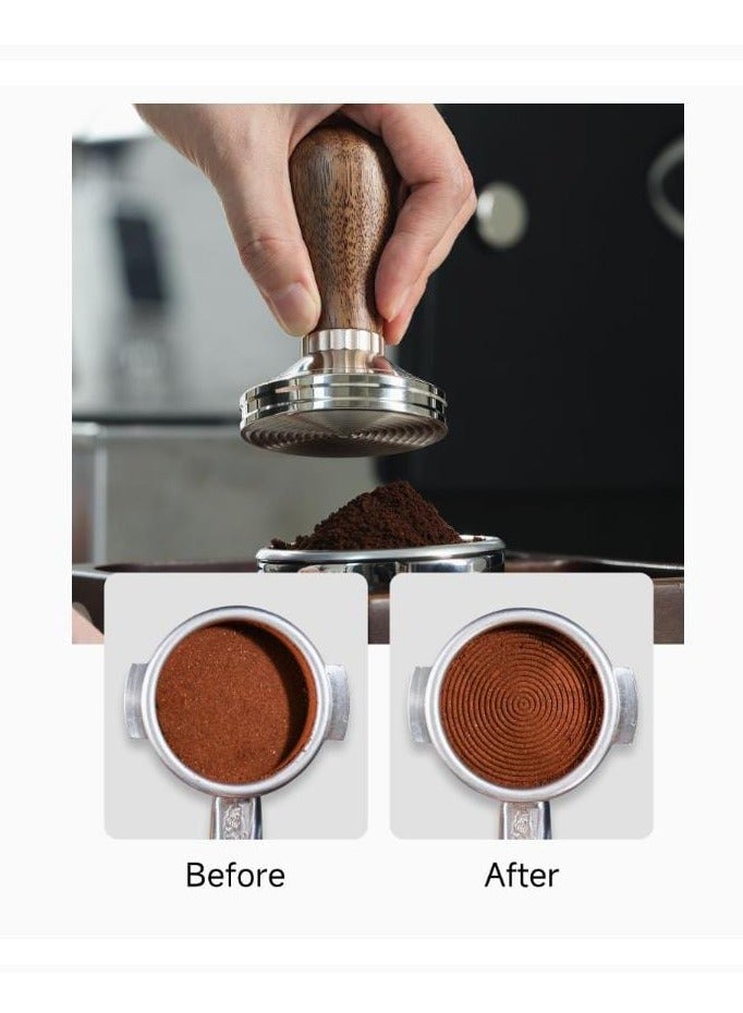 زيروهيرو مكبس الإسبريسو ZeroHero 58 مم - مكبس قهوة احترافي من فئة الباريستا - سلسلة المكبس الكلاسيكي المصنوع من الفولاذ المقاوم للصدأ، أداة ضغط القهوة بمقبض من الخشب الصلب، والفولاذ المقاوم للصدأ، بلون فضي وخشب الجوز. - Image 4