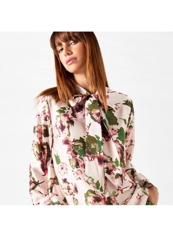 2Xtremz 2Xtremz All-Over Floral Print Shirt with Pussy Bow Neck and Long Sleeves  - Image 2