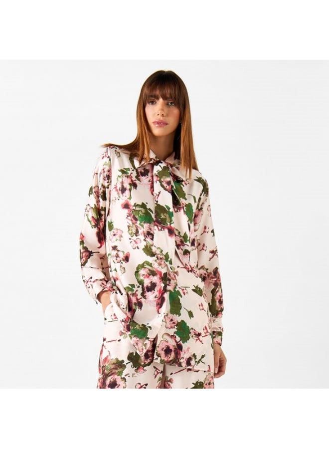2Xtremz 2Xtremz All-Over Floral Print Shirt with Pussy Bow Neck and Long Sleeves  - Image 3