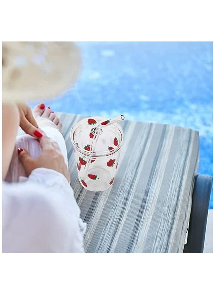 SYOSI Glass Water Cup, Milk Cup with Straw and Lids, Reusable Double-Wall Coffee Cup, Heat Resisting Cute Clear Milkshake Cup, for Juice Milk Hot Cold Water, Tea, Matcha, 300ml Travel Cup (Strawberry L) - Image 5