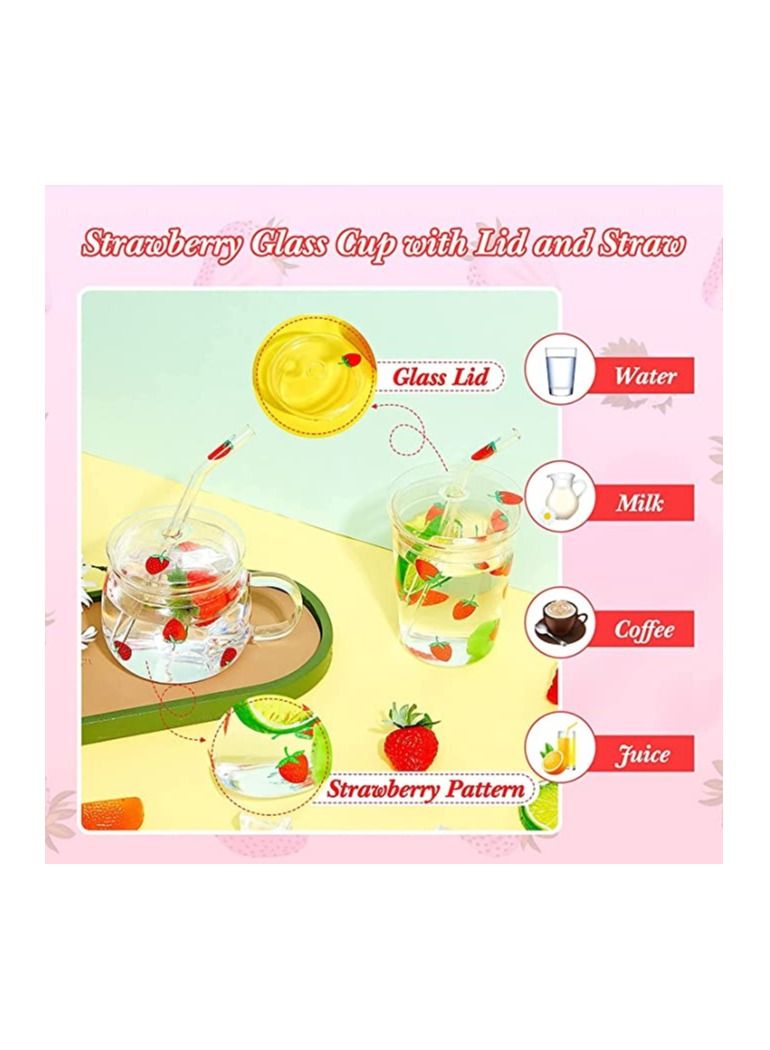 SYOSI Glass Water Cup, Milk Cup with Straw and Lids, Reusable Double-Wall Coffee Cup, Heat Resisting Cute Clear Milkshake Cup, for Juice Milk Hot Cold Water, Tea, Matcha, 300ml Travel Cup (Strawberry L) - Image 2
