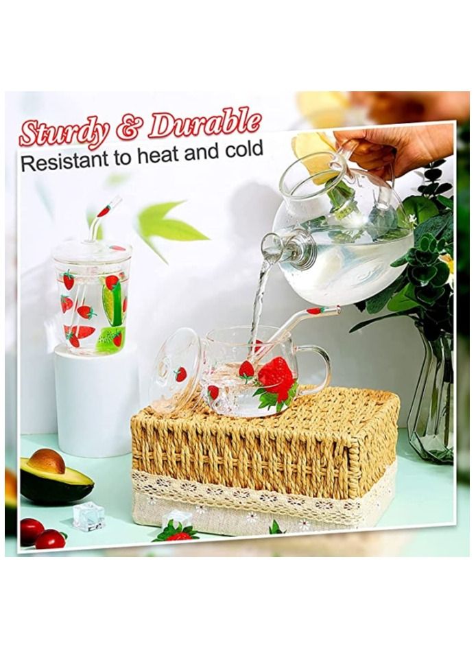 SYOSI Glass Water Cup, Milk Cup with Straw and Lids, Reusable Double-Wall Coffee Cup, Heat Resisting Cute Clear Milkshake Cup, for Juice Milk Hot Cold Water, Tea, Matcha, 300ml Travel Cup (Strawberry L) - Image 3