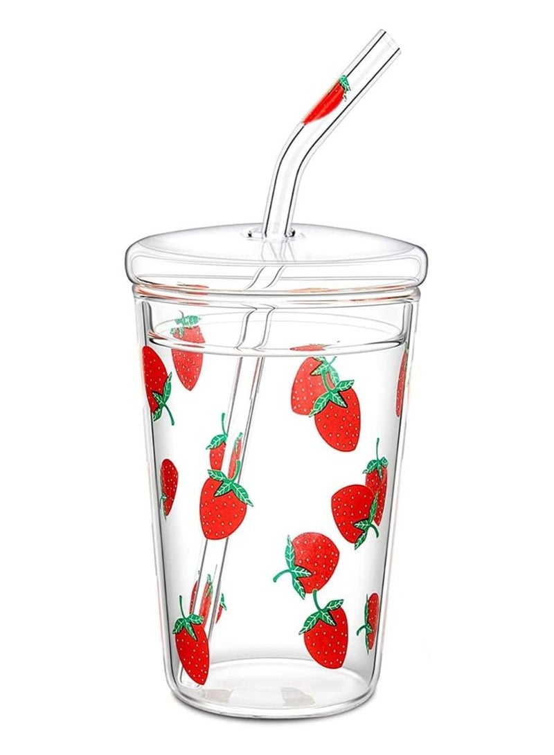 SYOSI Glass Water Cup, Milk Cup with Straw and Lids, Reusable Double-Wall Coffee Cup, Heat Resisting Cute Clear Milkshake Cup, for Juice Milk Hot Cold Water, Tea, Matcha, 300ml Travel Cup (Strawberry L) - Image 1