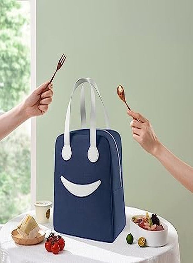 Keetly Insulated Canvas Smiley Lunch Bags with Aluminum Lining | Lunch Bag for School Office Travel Tiffin Thermal Food Cooler Bags Picnic for Kids Men Women | Leakproof Hot Cold (Navy Blue - Image 3