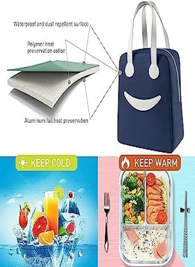 Keetly Insulated Canvas Smiley Lunch Bags with Aluminum Lining | Lunch Bag for School Office Travel Tiffin Thermal Food Cooler Bags Picnic for Kids Men Women | Leakproof Hot Cold (Navy Blue - Image 4