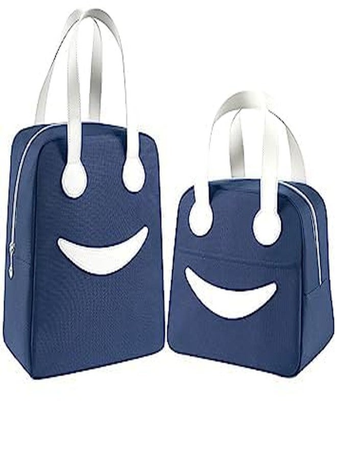 Keetly Insulated Canvas Smiley Lunch Bags with Aluminum Lining | Lunch Bag for School Office Travel Tiffin Thermal Food Cooler Bags Picnic for Kids Men Women | Leakproof Hot Cold (Navy Blue - Image 1