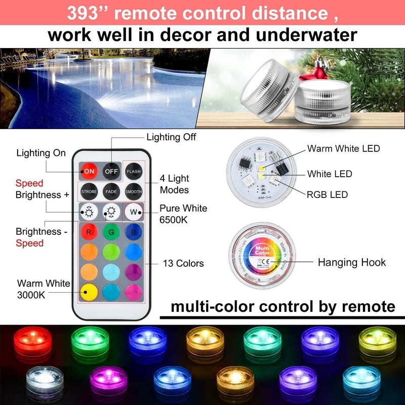 10 Pack RGB Submersible LED Lights, IP68, 21-Key Timer Remote Control Set - Image 4