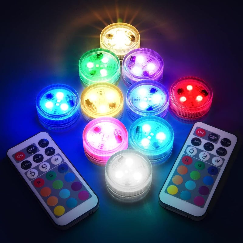 10 Pack RGB Submersible LED Lights, IP68, 21-Key Timer Remote Control Set - Image 1