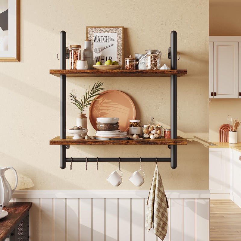Bestier 24 Floating Kitchen Shelves Wall Mounted 2 Tier Coffee bar Shelves with 8 Hooks Industrial Wall Shelf for Kitchen Living Room Bedroom Rustic Brown