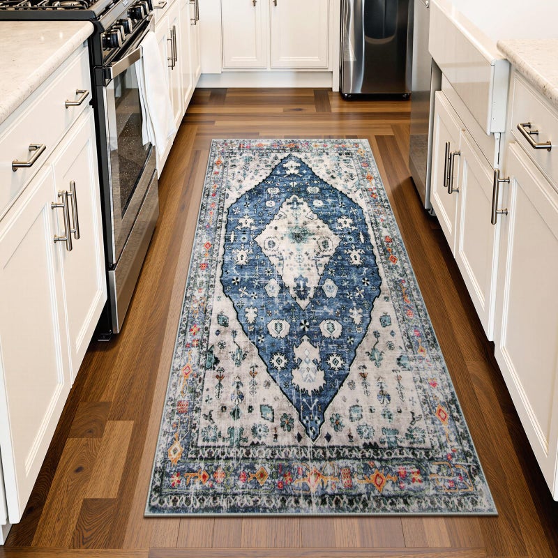 Lahome Boho Tribal Runner Rug 2x43 Blue Hallway Runners Rug Small Bathroom Rugs Oriental Soft Machine Washable Non Slip Bedside Carpet Runner for Bedroom Entrance Kitchen Living Laundry Room