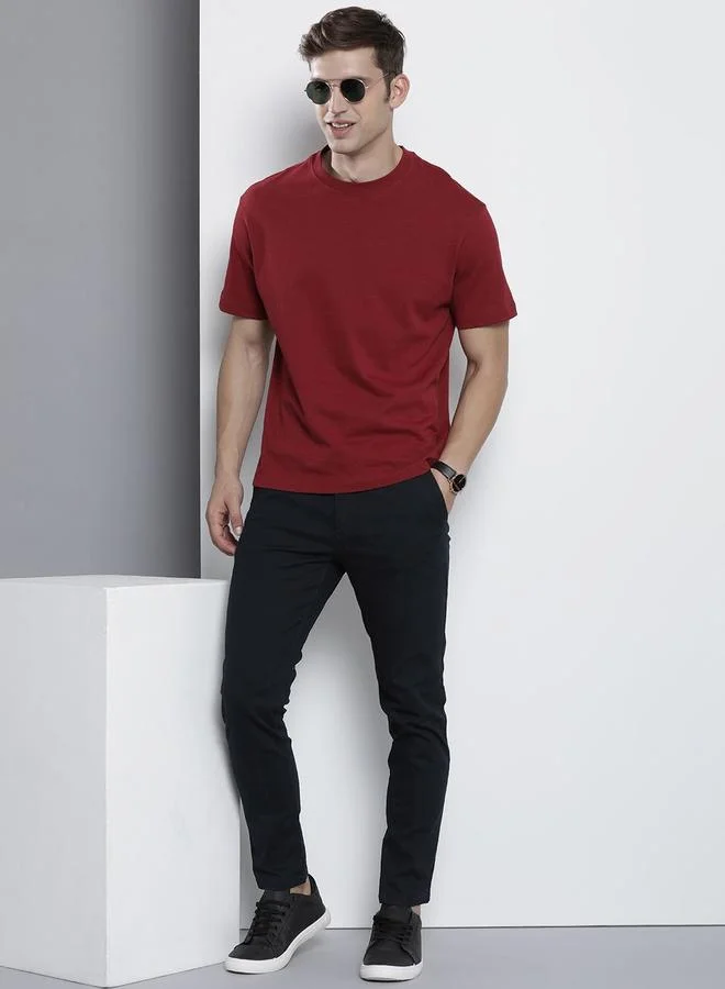 The Indian Garage Co Navy Blue Men Navy Blue Slim Fit Solid Chinos for Men | Best Price UAE