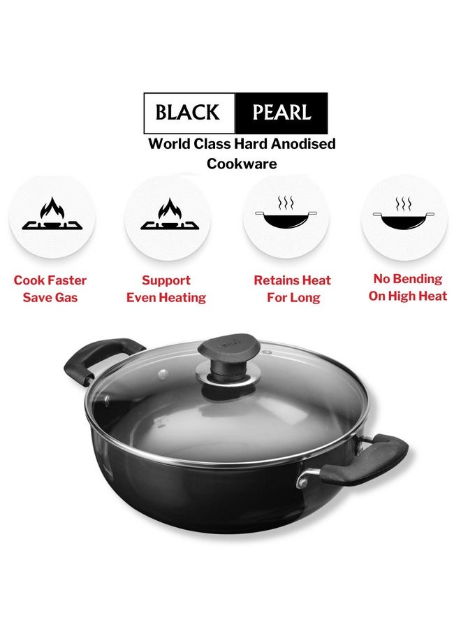 VINOD Vinod Black Pearl Hard Anodised Non Stick Deep Kadhai with Glass Lid - 5.5 LTR, 28 cm | 3.25mm Thickness | kadai for Cooking | Metal Spoon Friendly | 2 Year Warranty 