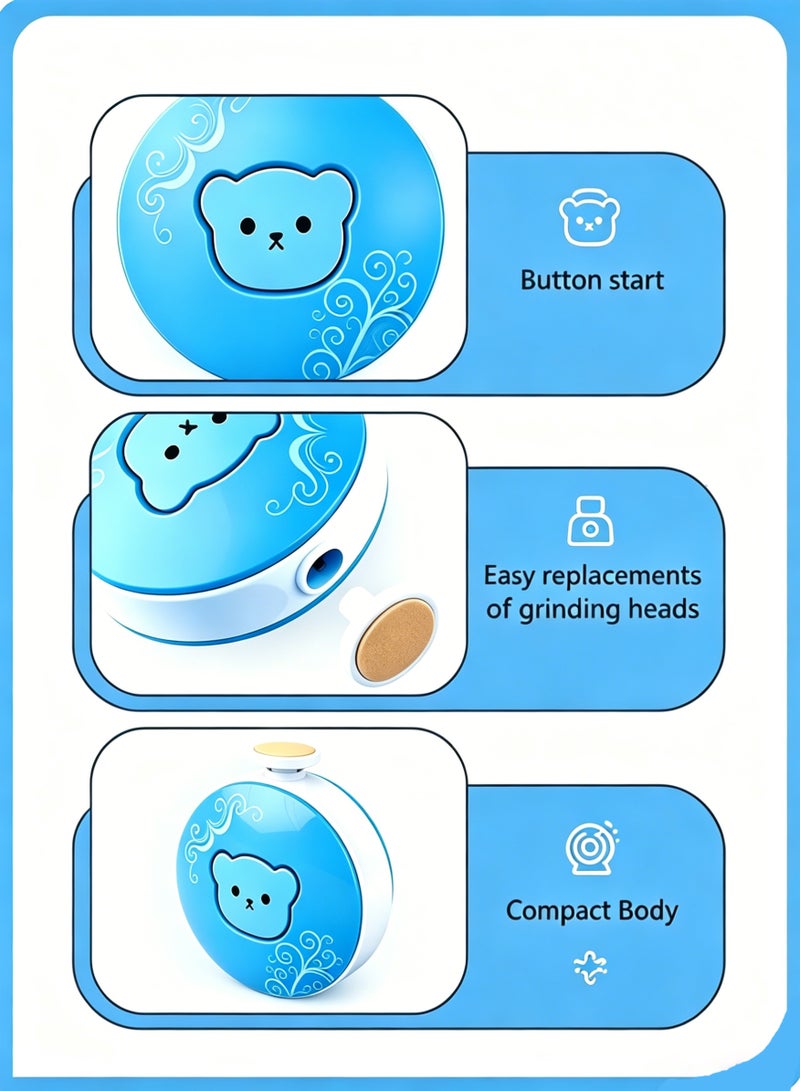Amanli Baby Electric Nail File Drill, Bear-Shaped Nail Trimmer with Nail Clippers and 3 Interchangeable Grinding Heads, Safe for Infants, Toddlers and Adults, USB Rechargeable (Blue) - Image 2
