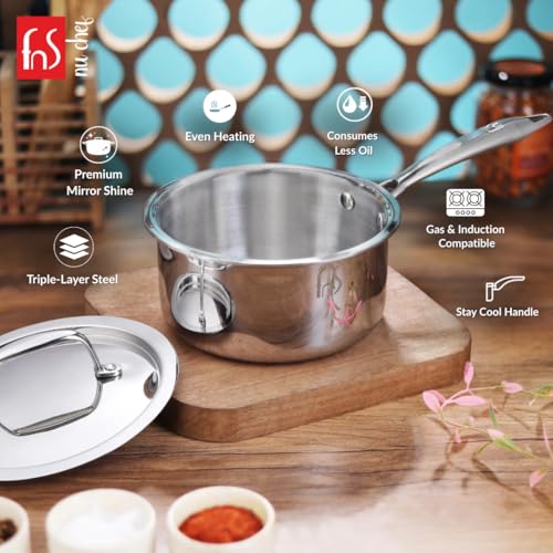 FNS NuChef 20 cm Triply Stainless Steel Sauce pan with Stay-Cool Handles | Even Heat Distribution, Durable & Rust-Free Cookware - Image 5