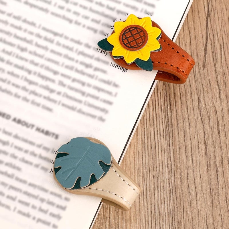 Penitue Pack of 2 Vintage Magnetic Bookmarks, Durable Leather Magnetic Book Clips, Cute Reading Accessories for Women, Friends, Book Lovers (Leaves & Sunflowers) - Image 1