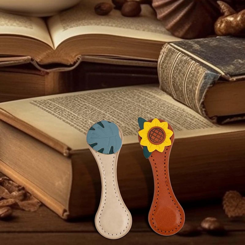 Penitue Pack of 2 Vintage Magnetic Bookmarks, Durable Leather Magnetic Book Clips, Cute Reading Accessories for Women, Friends, Book Lovers (Leaves & Sunflowers) - Image 4
