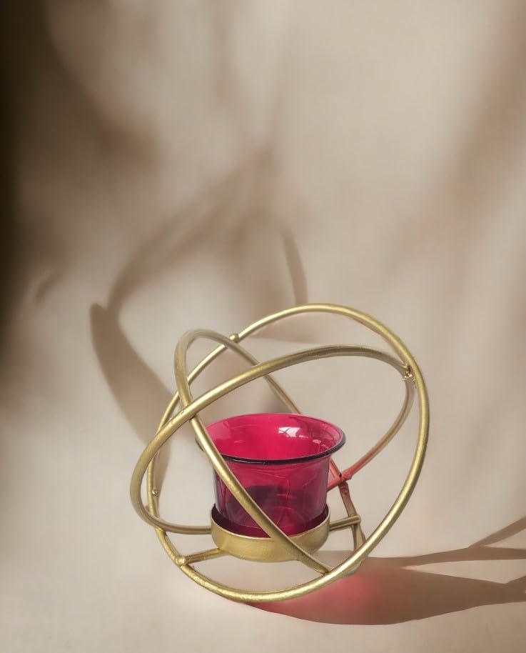 Elegant Golden Geometric Design Metal Tealight Candle Holder with Red Butterfly Glass Votive Holder for Stylish Home Decor