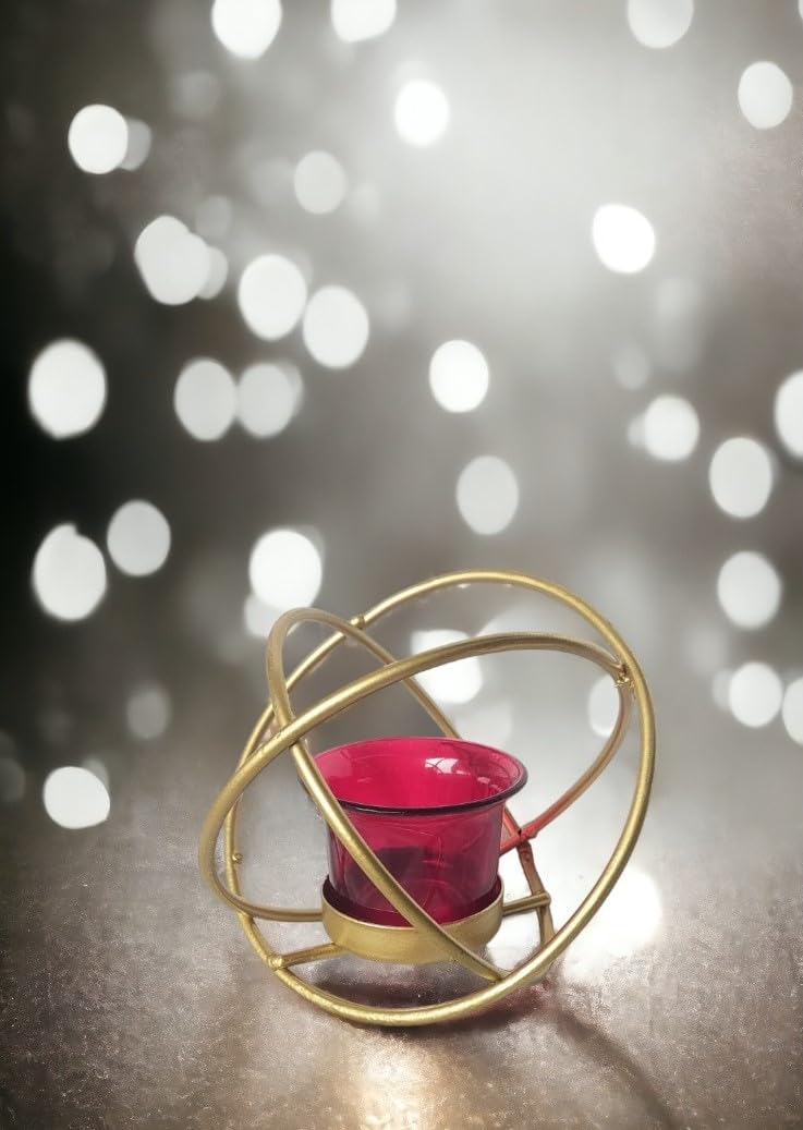 Elegant Golden Geometric Design Metal Tealight Candle Holder with Red Butterfly Glass Votive Holder for Stylish Home Decor
