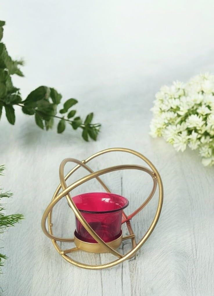 Elegant Golden Geometric Design Metal Tealight Candle Holder with Red Butterfly Glass Votive Holder for Stylish Home Decor