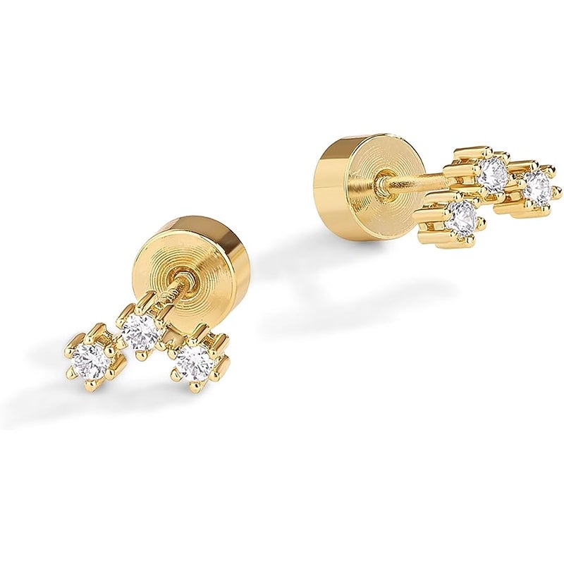 PAVOI 14K Gold Plated Sterling Silver Posts Mini Stud Flat Back Earrings for Women | Helix Cartilage Piercing Jewelry | Dainty Pearl Cluster Cubic Zirconia Lotus Climber - Image 3