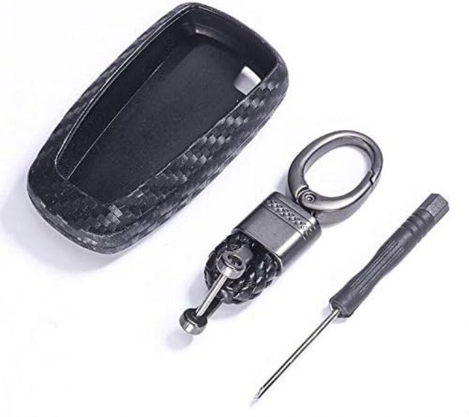 ROYALFOX غطاء حافظة مفتاح ذكي لاسلكي من رويال فوكس (TM) مزود بـ 3، 4، 5 أزرار من مادة TPU لسيارات فورد موستانج وإكسبلورر وإيدج وفيوجن ومونديو وF150 وF250 وF350 وF450 وF550 موديلات 2017 و2018 و2019 و2020 (نسيج ألياف كربون أسود) - Image 3