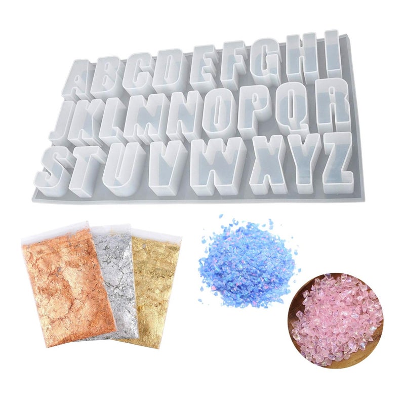 SNOOGG Extra Large 25 mm deep Alphabet Molds of 26 English Letter with 3 Pouch of Flakes Foil for Resin Art, DIY, Home Décor, Festive & Customize Project - Image 1