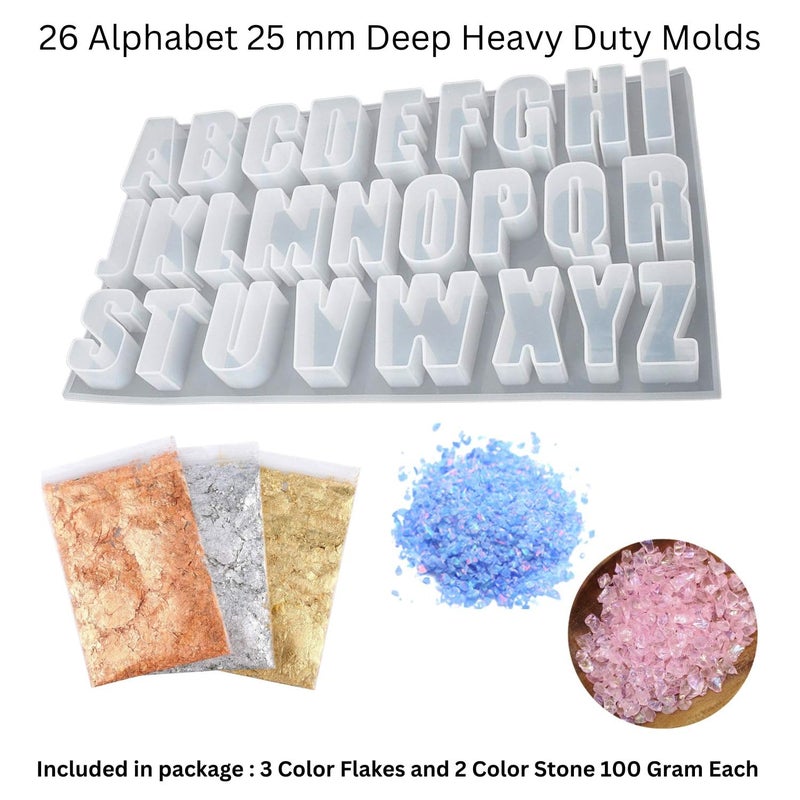 SNOOGG Extra Large 25 mm deep Alphabet Molds of 26 English Letter with 3 Pouch of Flakes Foil for Resin Art, DIY, Home Décor, Festive & Customize Project - Image 2