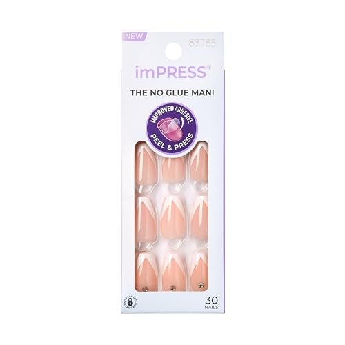 imPRESS KISS Press-On Manicure, Nail Kit, PureFit Technology, Medium Length Press-On Nails, 'So French', Includes Prep Pad, Mini Nail File, Cuticle Stick, and 30 Fake Nails - Image 1