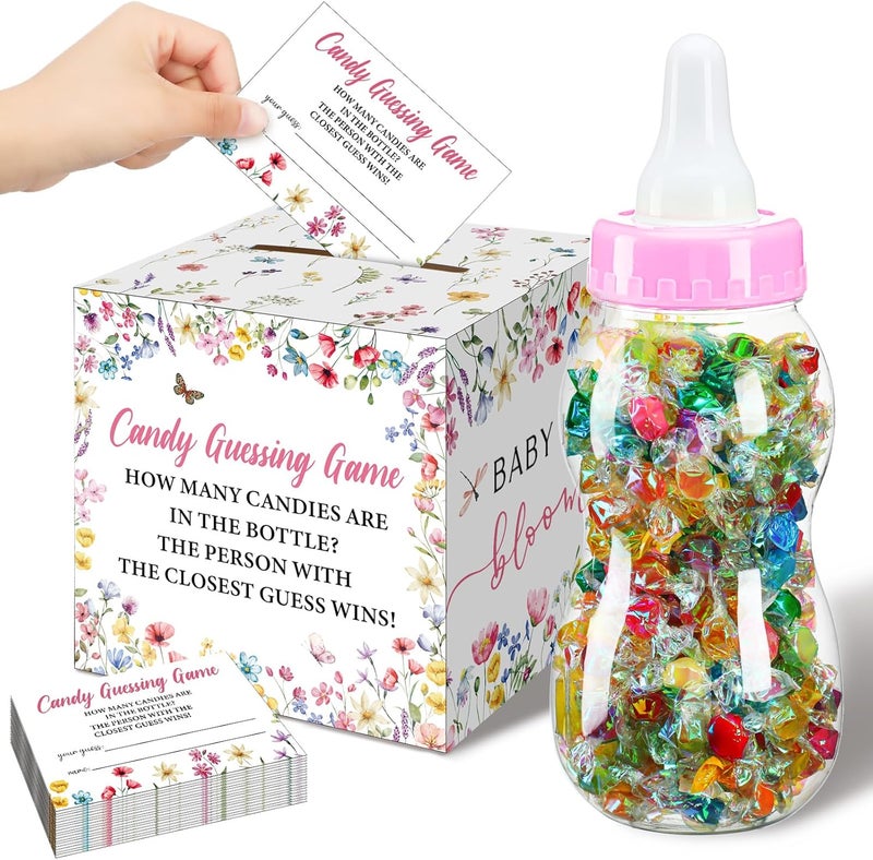 Glenmal 52 Pcs Baby Shower Games Gift Sets Large Baby Bottle for Shower Game Guess How Many Candies Decorations for Gender Reveal(Baby in Bloom) - Image 1