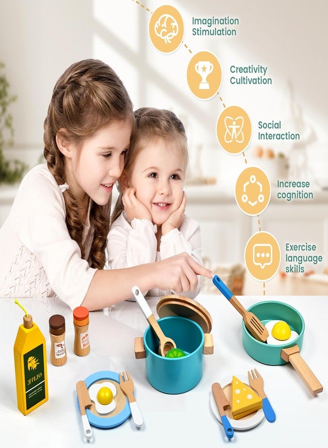 HAIMST 35 PCS Wooden Play Kitchen Accessories, Pretend Play Kitchen Toys for Kids Toddlers, Wooden Play Cooking Set Play Food Cookware Pots Pan Dishes, Gifts for Girls Boy 3 4 5 6 Years Old - Image 4