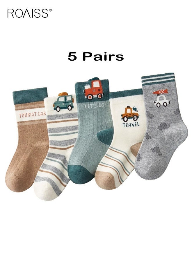 roaiss 5 Pairs Boys Mid-Calf Socks, Comfortable Sports Socks Set, Anti-pilling Soft Socks, Cartoon Middle Tube Socks for Boys, Suitable for All Seasons - Image 1