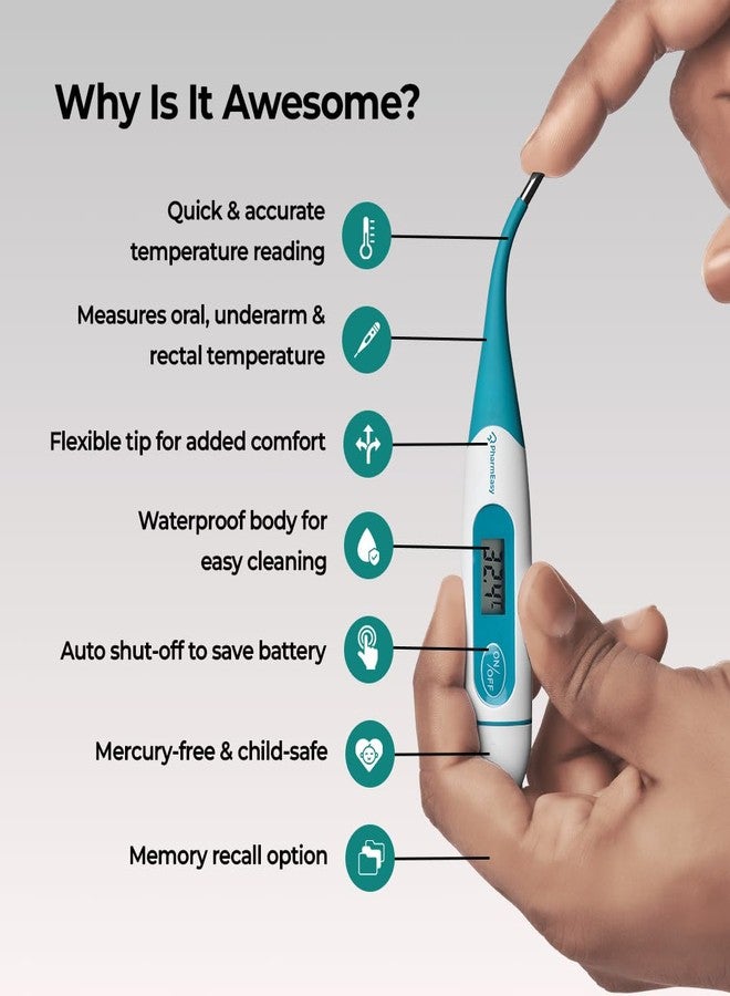 PharmEasy Digital Flexible Tip Thermometer for Fever, Fast & Accurate Temperature Reading in Celsius | Waterproof, Oral & Underarm Use for both Kids & Adults | Ideal for Home Use, Easy-to-Read Screen - Image 2