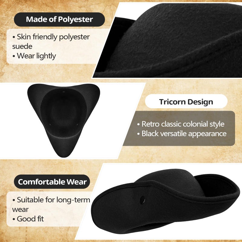 Xeehwb Pirate Hat for Men Women,Pirate Costume Accessories Hat,Colonial Triangle Hat for Halloween,Dress Up Party - Image 3