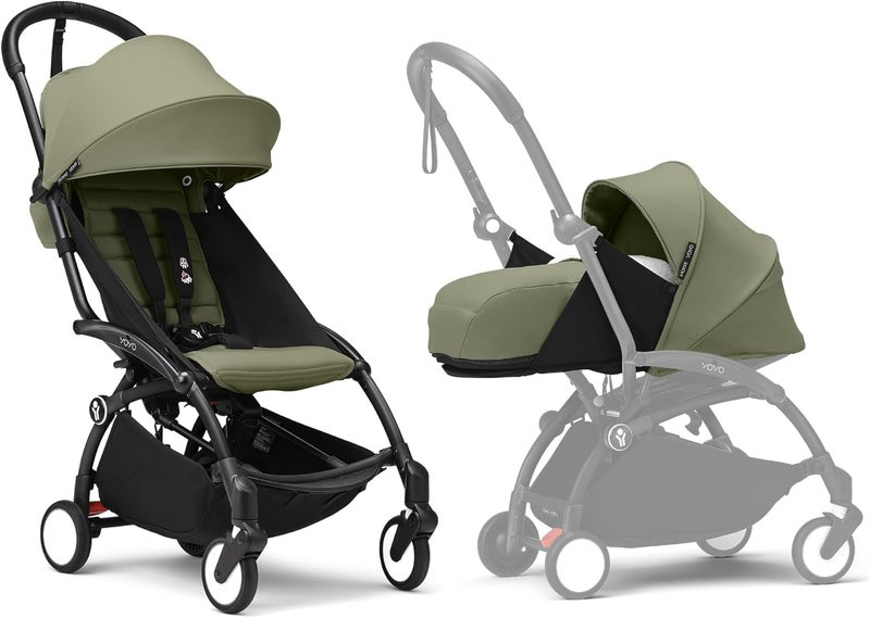 Stokke YOYO3 Complete Yoyo Stroller From Birth - Includes Black Frame + YOYO 6+ Color Pack + 0+ Newborn Pack - Olive - Image 1