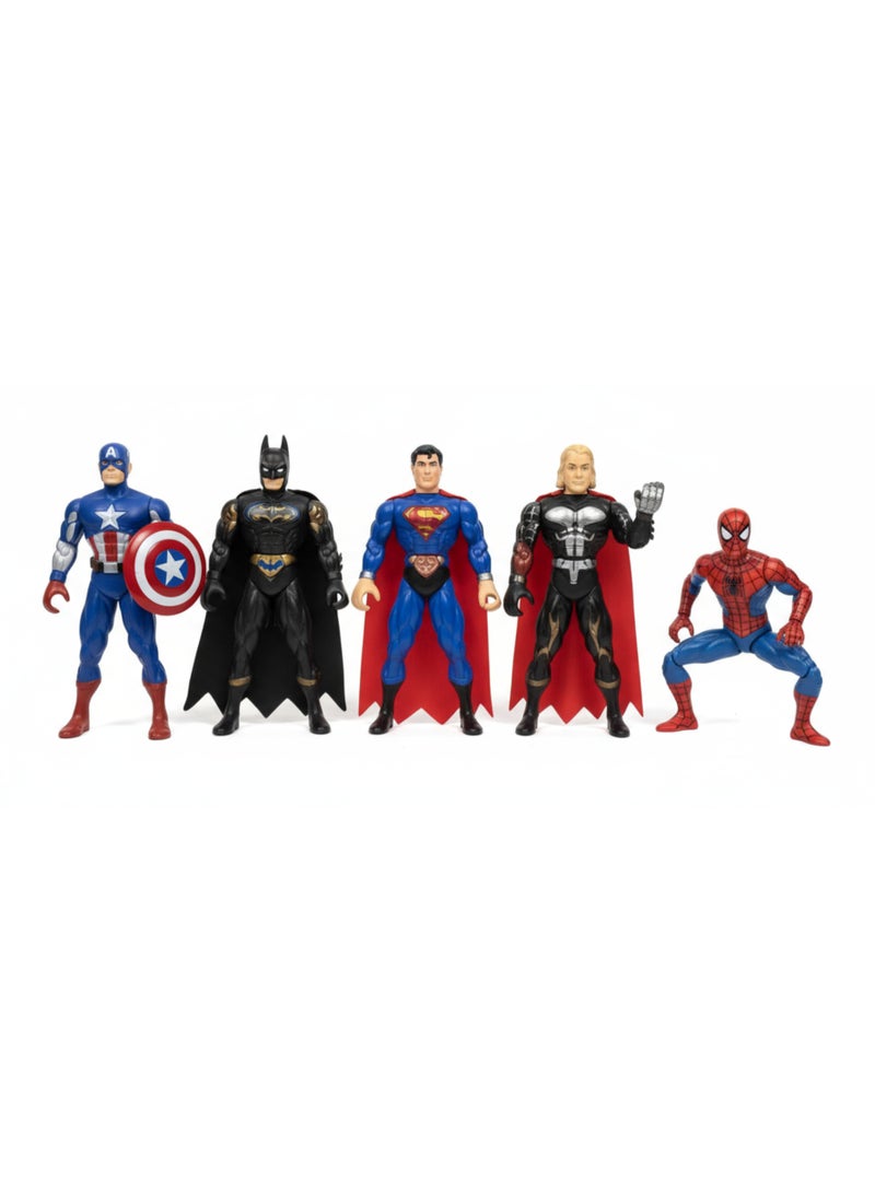 Marvel Comics Superhero Action Figures Set – 5 Pcs Collection with Spider-Man, Batman, Superman, Captain America & Thor – Kids Toy Gift Set - Image 1