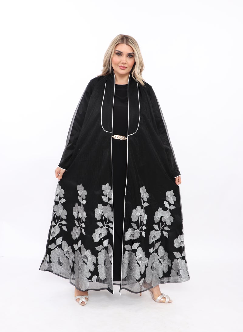MyesuQ A distinctive black abaya with a pointed collar and embroidered underneath with a lining - Image 1