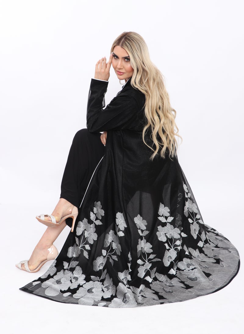 MyesuQ A distinctive black abaya with a pointed collar and embroidered underneath with a lining - Image 2