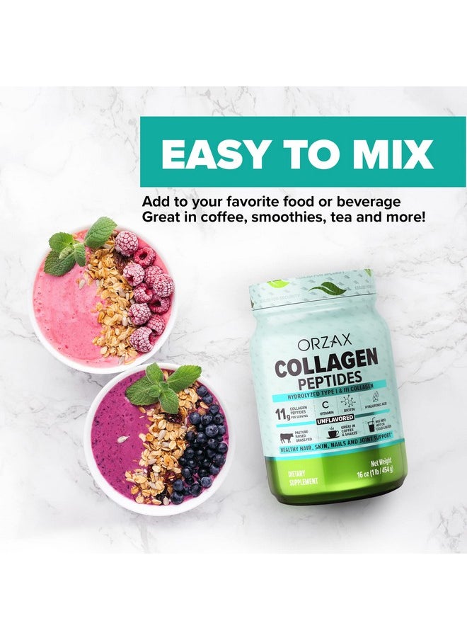 ORZAX - Collagen Peptides Powder Vitamin C Biotin & Hyaluronic Acid Hydrolyzed Protein Type I & Iii Grass Fed Hair Nail Skin & Joint Support Supplement Sugar Free Gluten Free Unflavored 16 Oz - Image 1