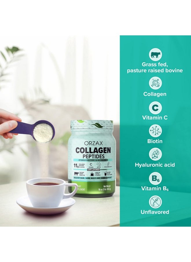 ORZAX - Collagen Peptides Powder Vitamin C Biotin & Hyaluronic Acid Hydrolyzed Protein Type I & Iii Grass Fed Hair Nail Skin & Joint Support Supplement Sugar Free Gluten Free Unflavored 16 Oz - Image 1