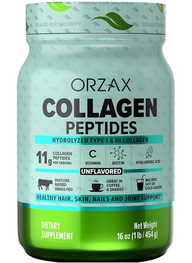 ORZAX - Collagen Peptides Powder Vitamin C Biotin & Hyaluronic Acid Hydrolyzed Protein Type I & Iii Grass Fed Hair Nail Skin & Joint Support Supplement Sugar Free Gluten Free Unflavored 16 Oz - Image 1
