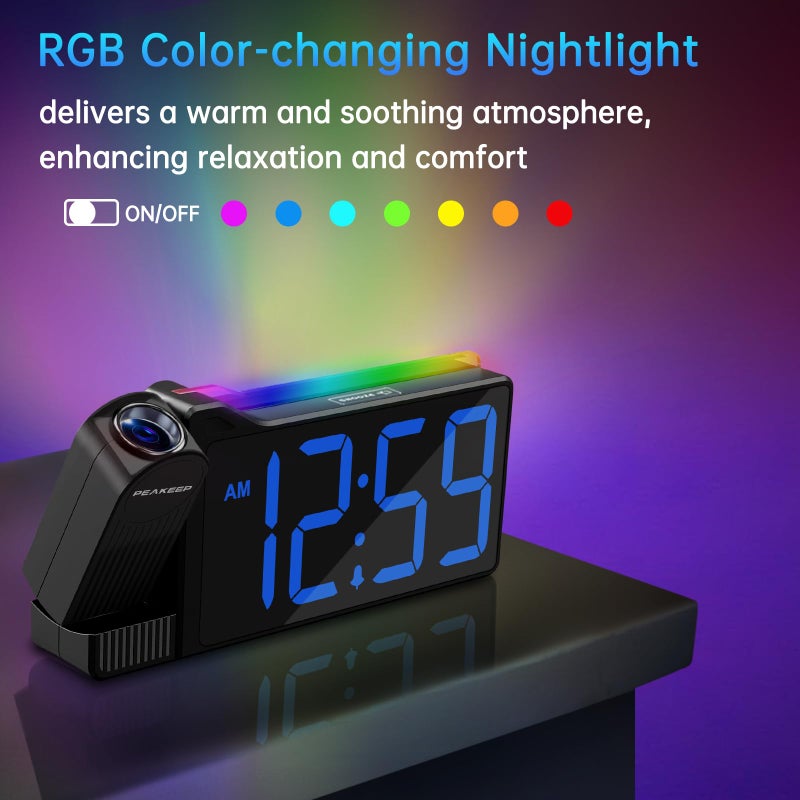 Peakeep Projection Alarm Clock for Bedroom Ceiling 180Â° Rotatable, Loud for Heavy Sleepers, Colorful Nightlight, 5 Brightness Dimmable Large Number Bedside Electric LED Digital Clock with USB Port - Image 4