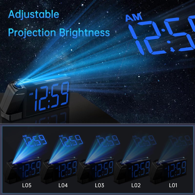 Peakeep Projection Alarm Clock for Bedroom Ceiling 180Â° Rotatable, Loud for Heavy Sleepers, Colorful Nightlight, 5 Brightness Dimmable Large Number Bedside Electric LED Digital Clock with USB Port - Image 3